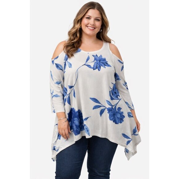White Mark Tops - NWT White Mark Blue Floral Cold Shoulder Top Large
